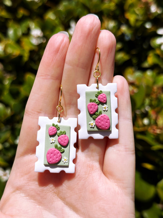 Strawberry Postage Stamp Earrings